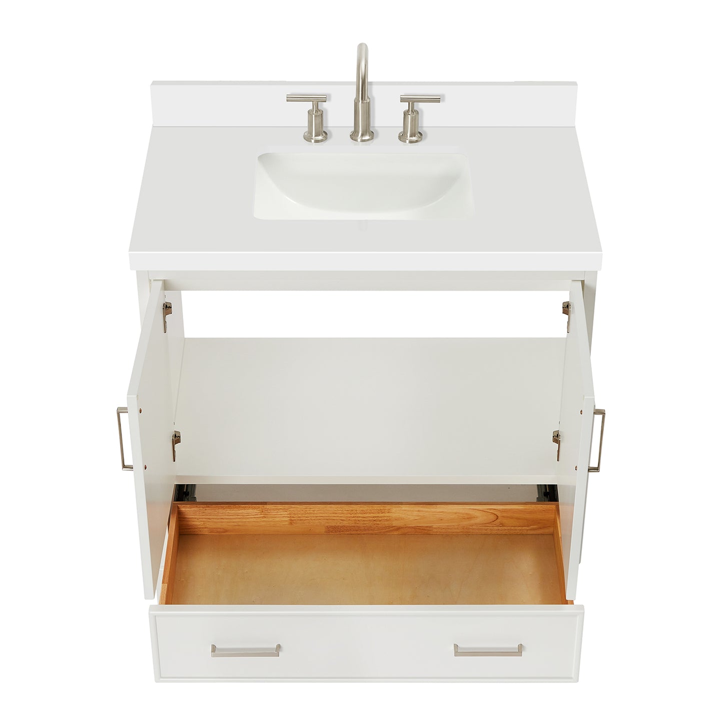 Langford 36-inch White bathroom vanity on white back ground front view open door