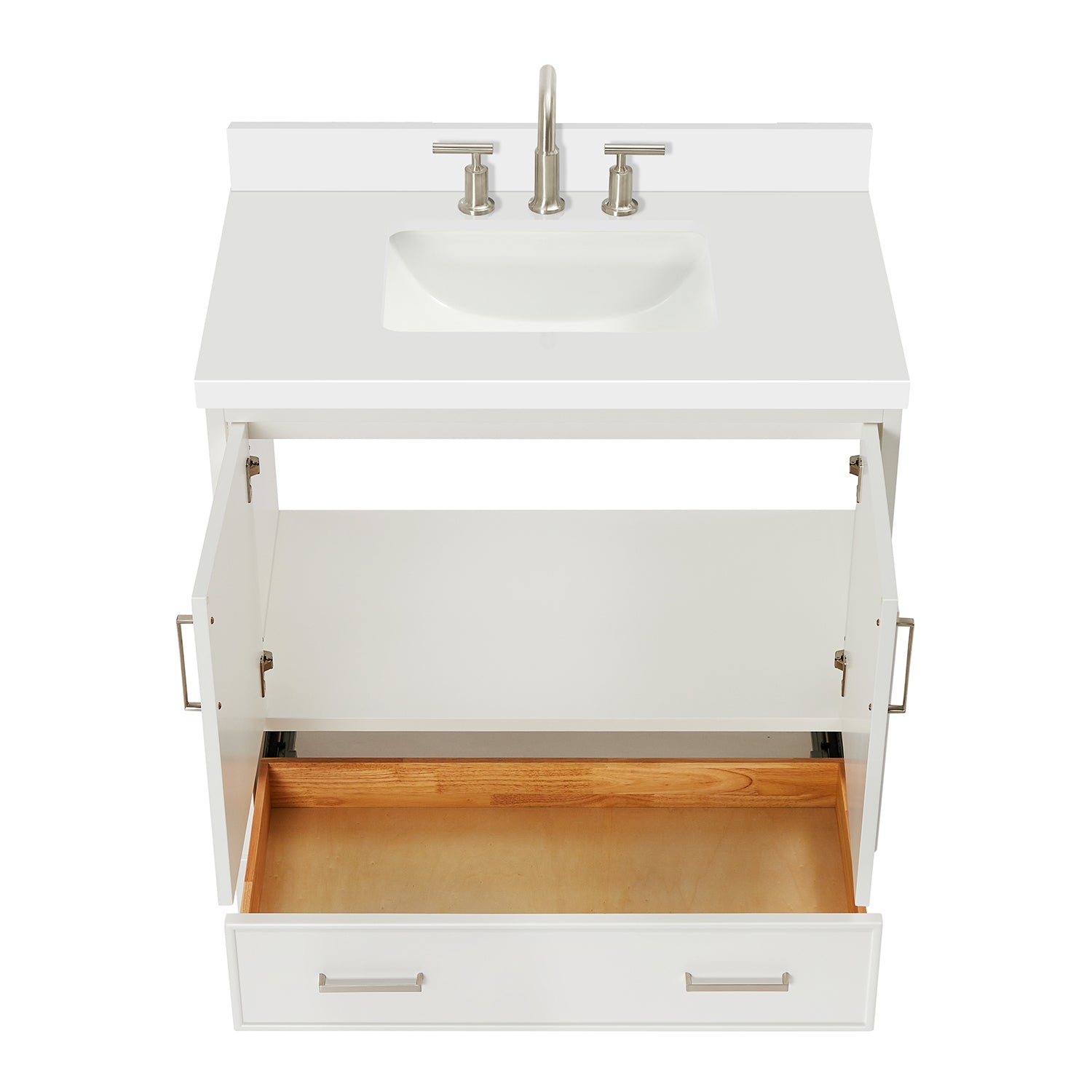 Langford 36-inch White bathroom vanity on white back ground front view open door