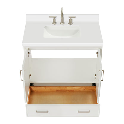 Langford 36-inch White bathroom vanity on white back ground front view open door
