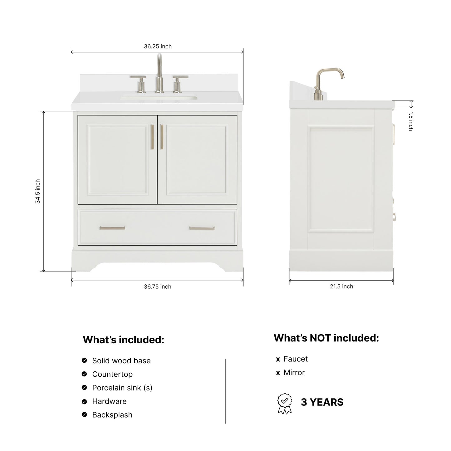 Langford 36-inch White bathroom vanity on dimensions