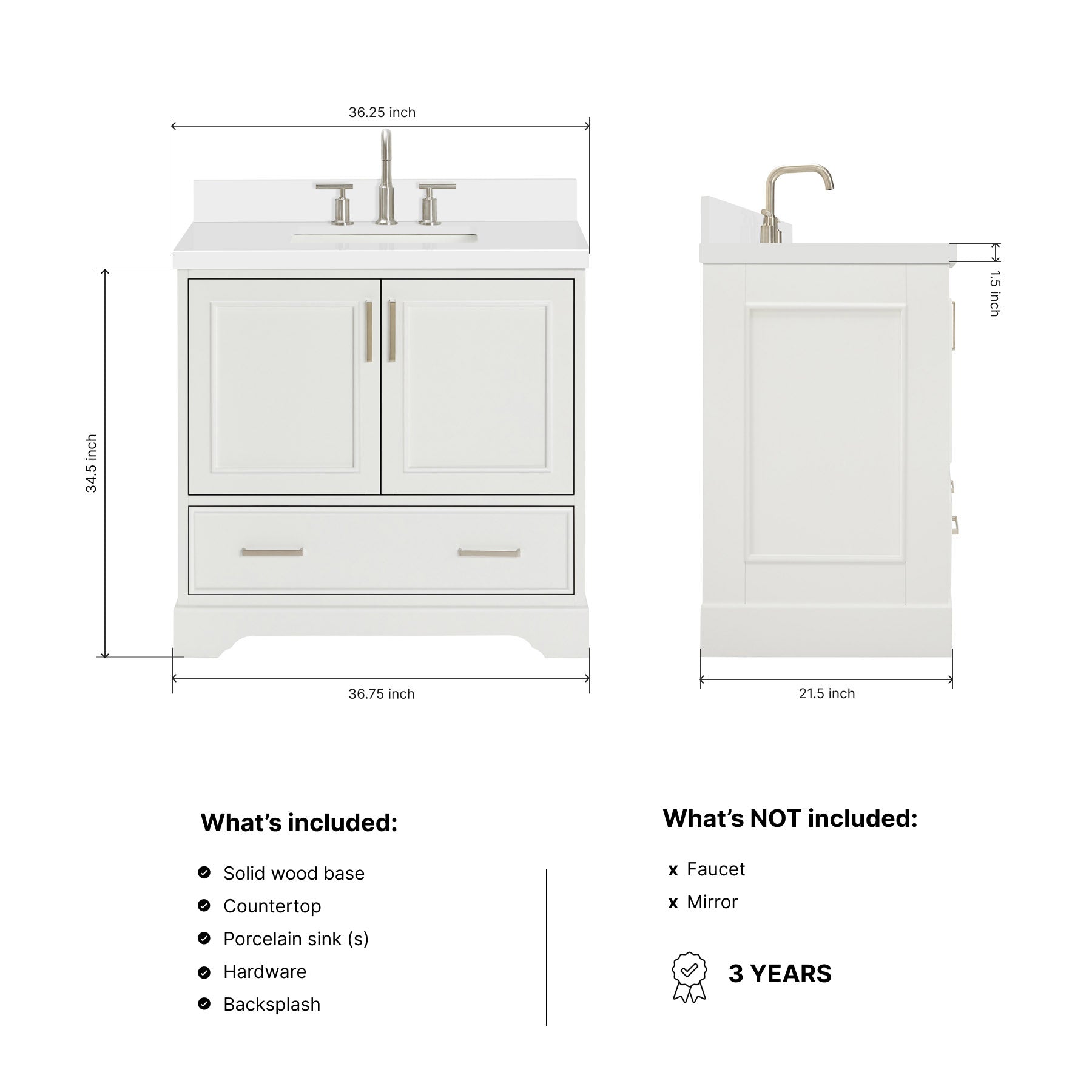 Langford 36-inch White bathroom vanity on dimensions