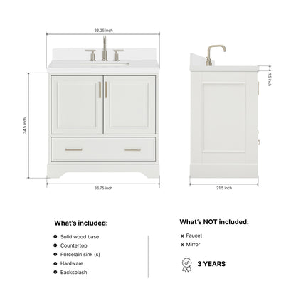 Langford 36-inch White bathroom vanity on dimensions