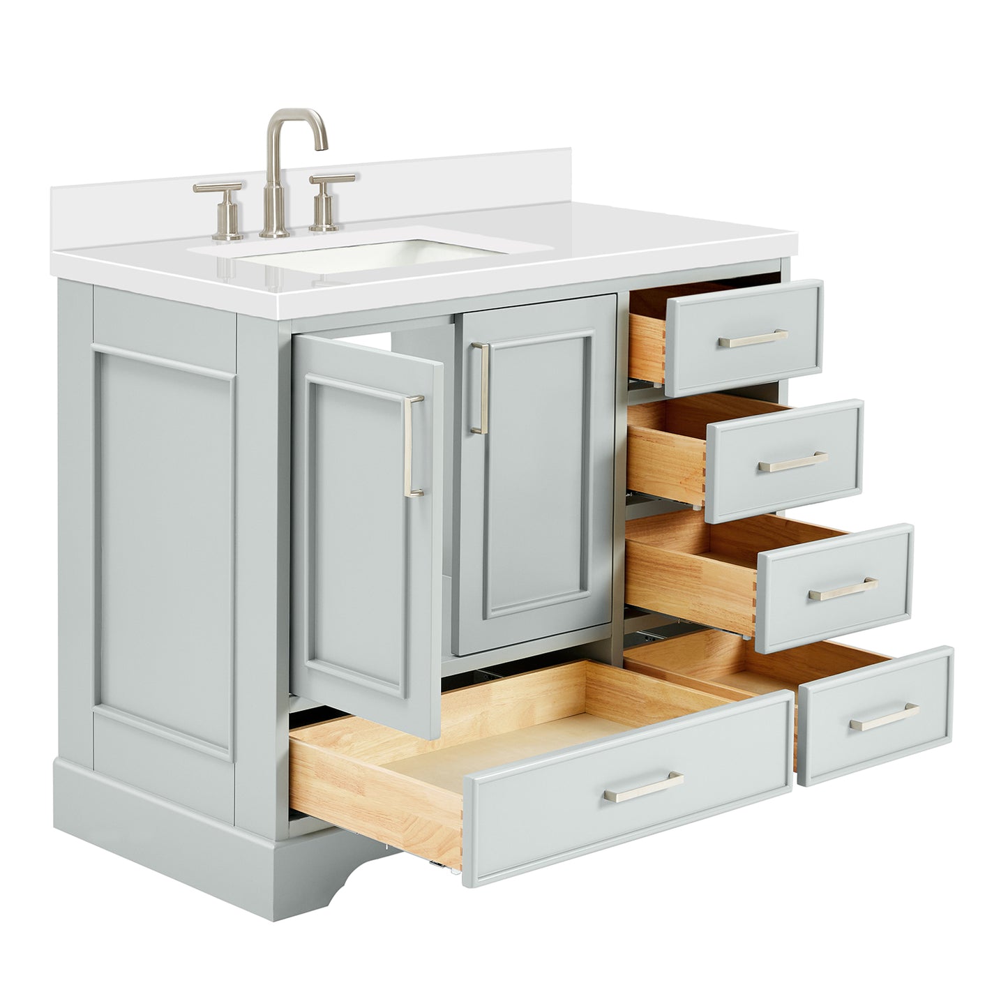 Langford 42-inch Grey bathroom vanity on white back ground side view open door