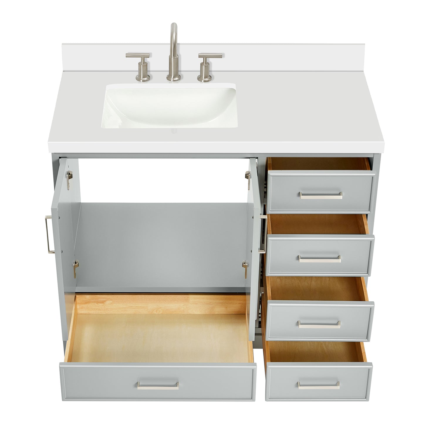 Langford 42-inch Grey bathroom vanity on white back ground front view open door