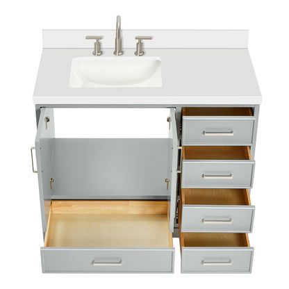Langford 42-inch Grey bathroom vanity on white back ground front view open door