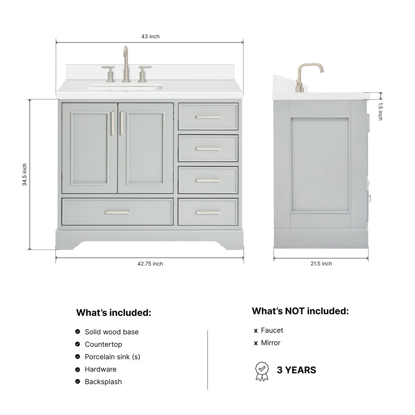 Langford 42-inch Grey bathroom vanity on dimensions