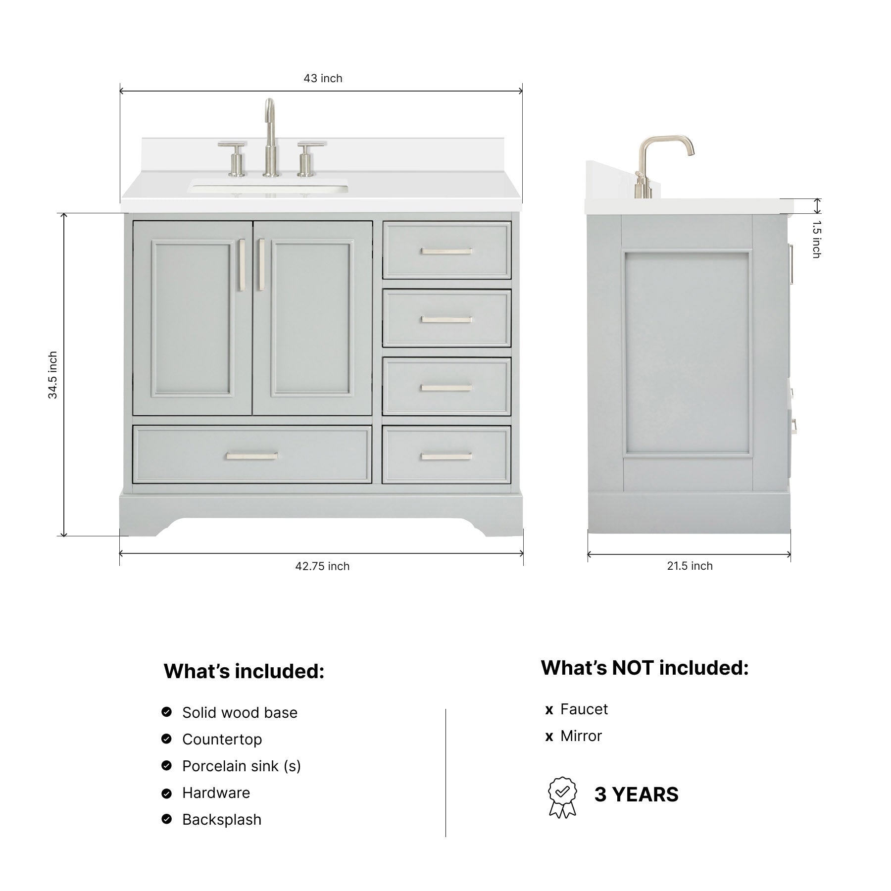 Langford 42-inch Grey bathroom vanity on dimensions