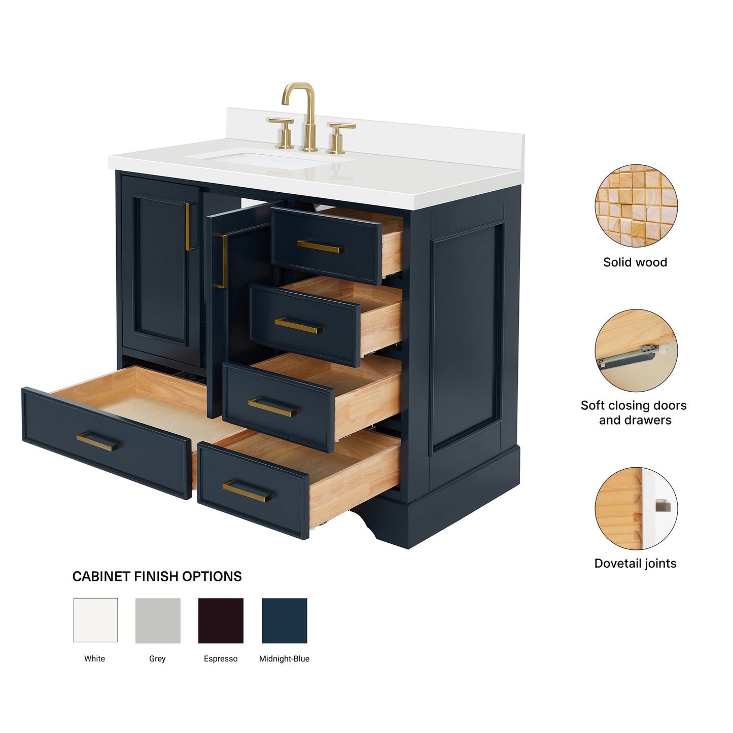 Langford 42-inch Midnight Blue bathroom vanity on feature highlights: solid wood frame, soft-close doors and drawers, Sherwin-Williams paint finish