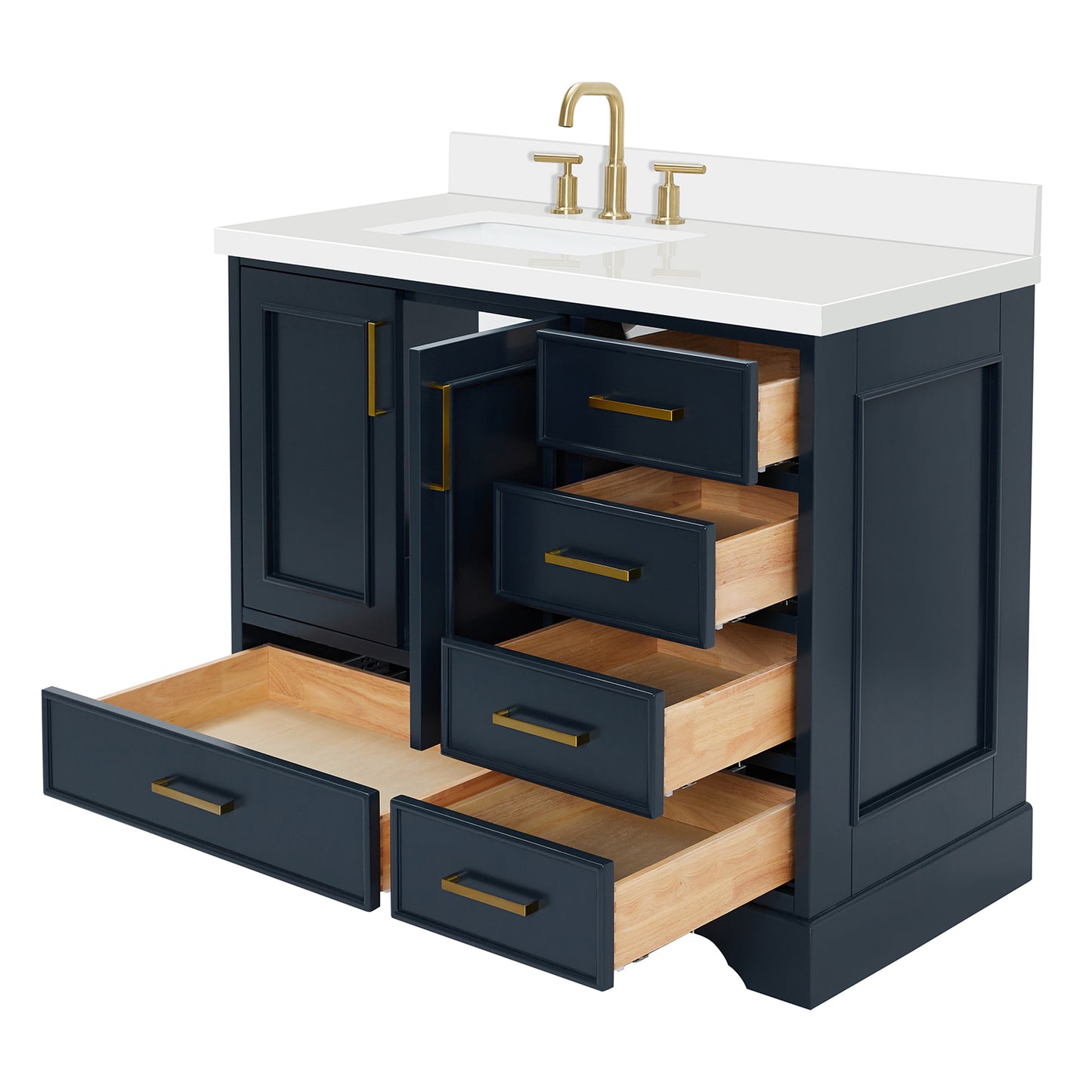 Langford 42-inch Midnight Blue bathroom vanity on white back ground side view open door