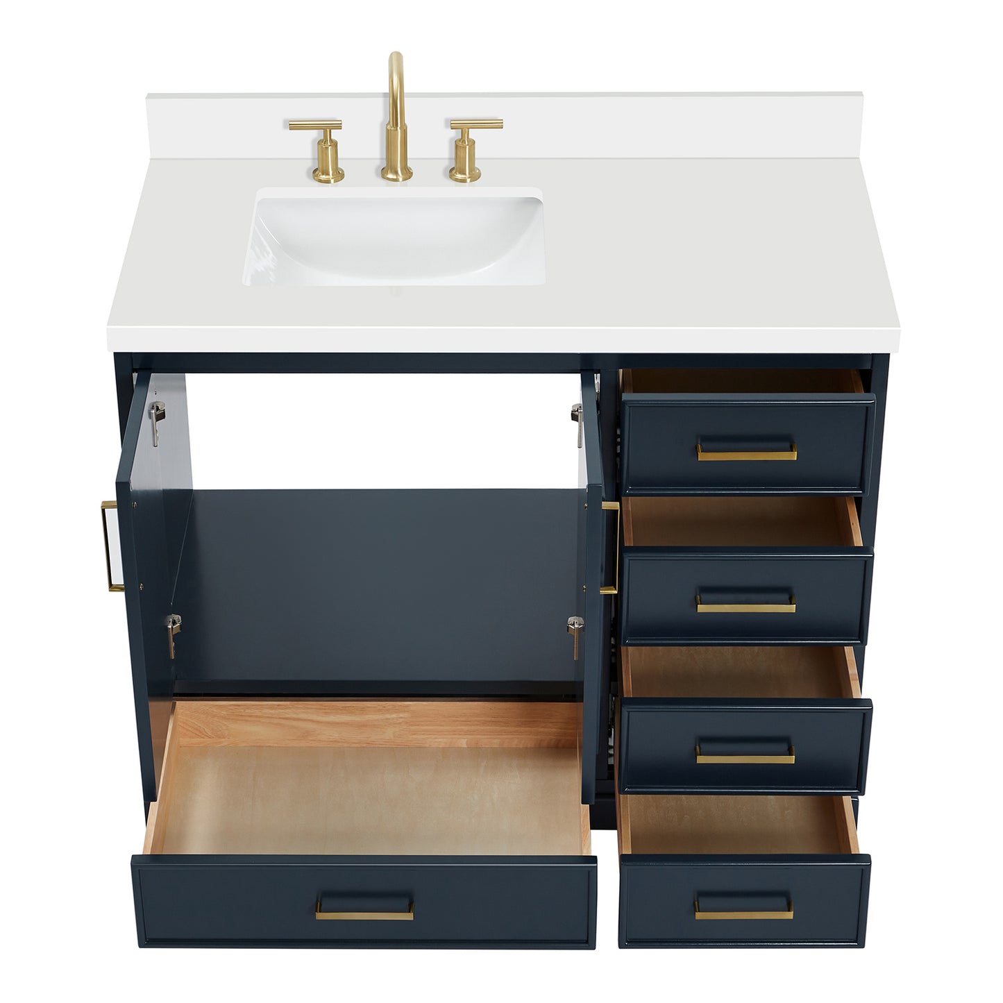Langford 42-inch Midnight Blue bathroom vanity on white back ground front view open door