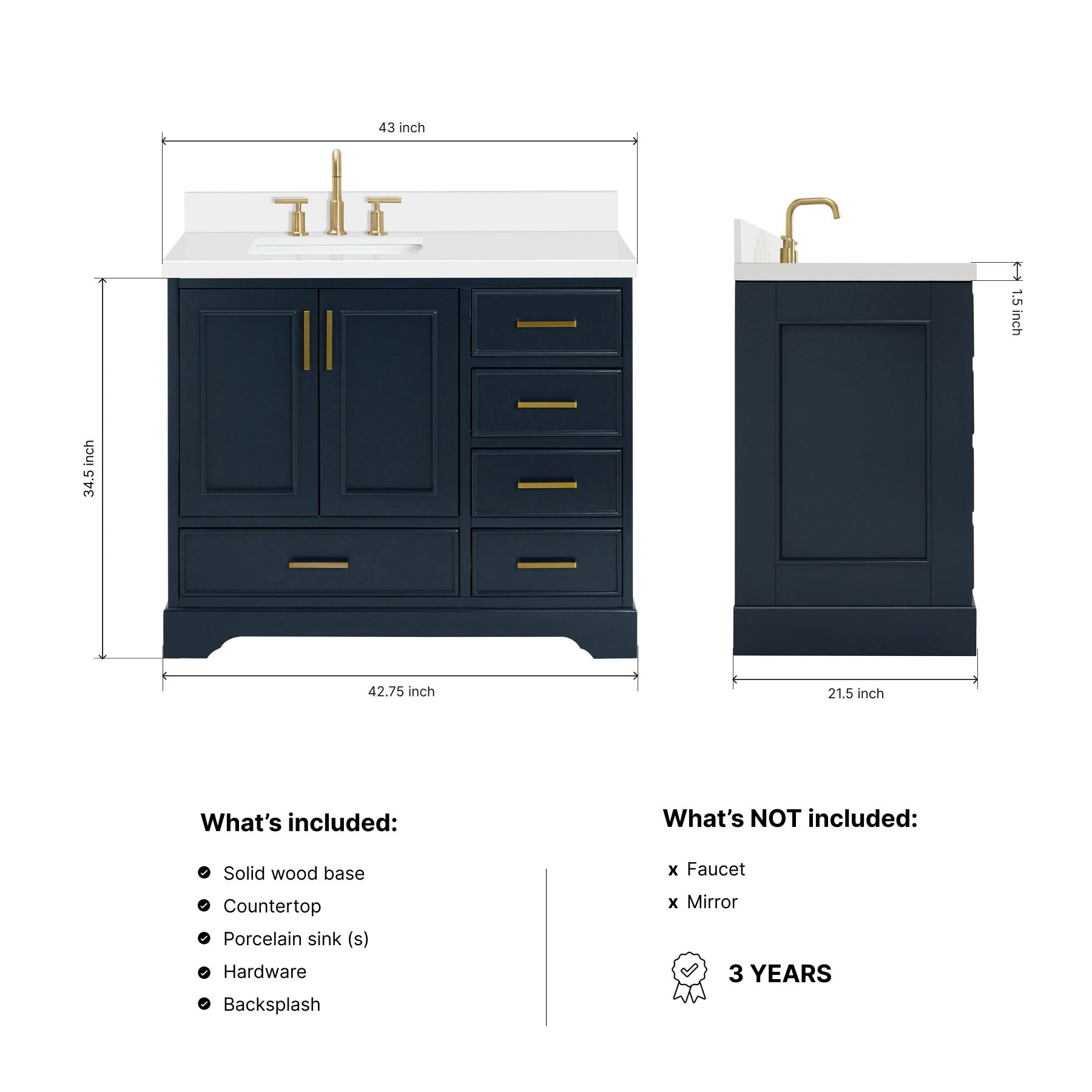 Langford 42-inch Midnight Blue bathroom vanity on dimensions