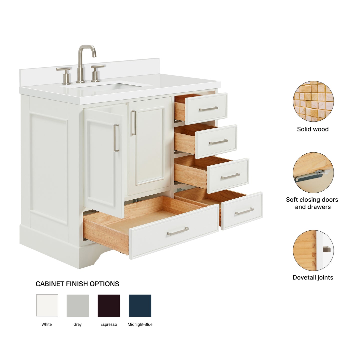 Langford 42-inch White bathroom vanity on feature highlights: solid wood frame, soft-close doors and drawers, Sherwin-Williams paint finish