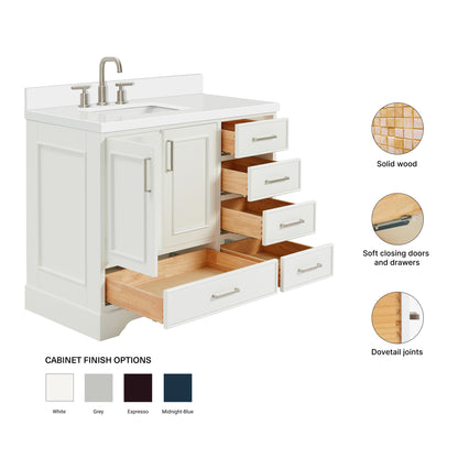 Langford 42-inch White bathroom vanity on feature highlights: solid wood frame, soft-close doors and drawers, Sherwin-Williams paint finish