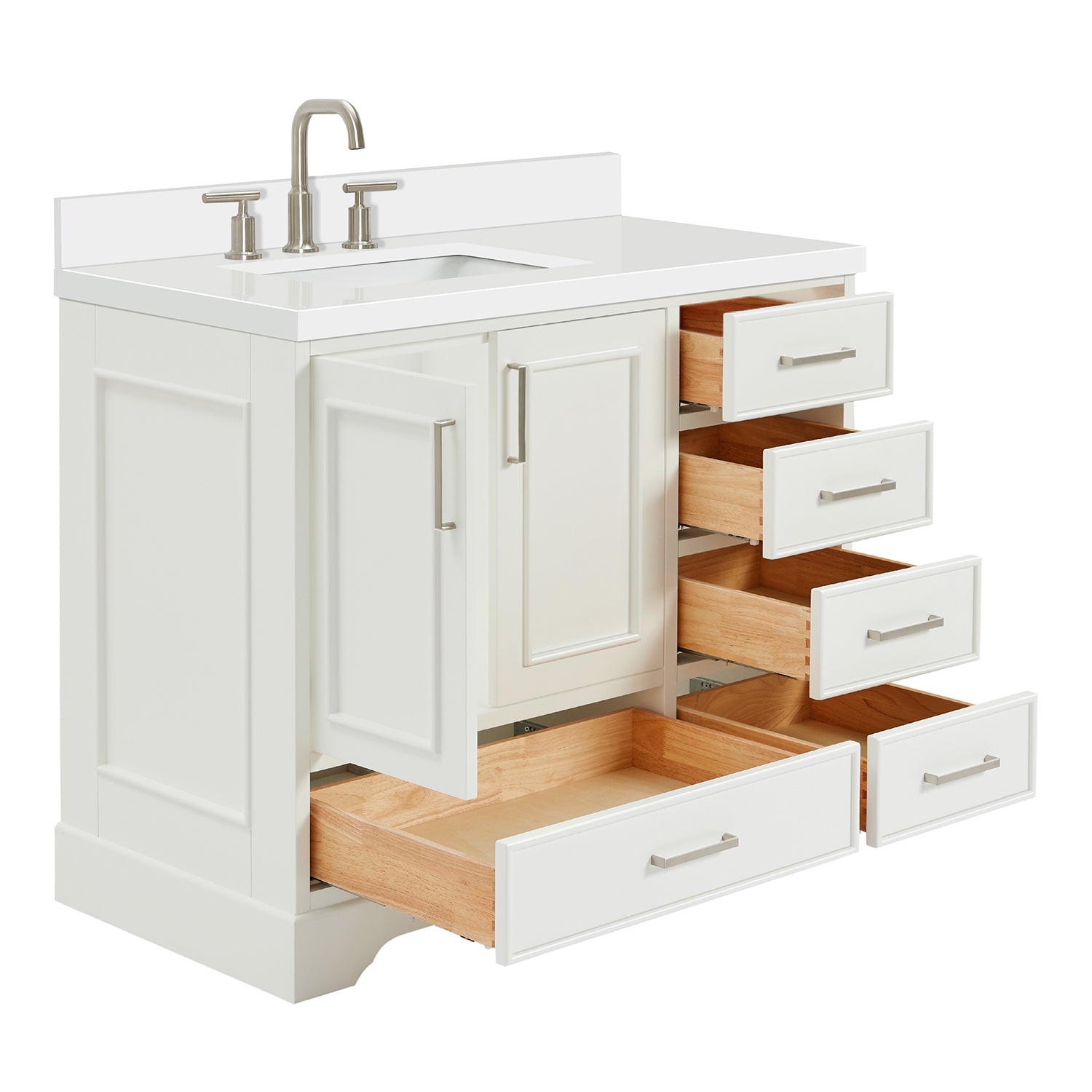 Langford 42-inch White bathroom vanity on white back ground side view open door