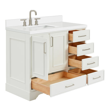 Langford 42-inch White bathroom vanity on white back ground side view open door