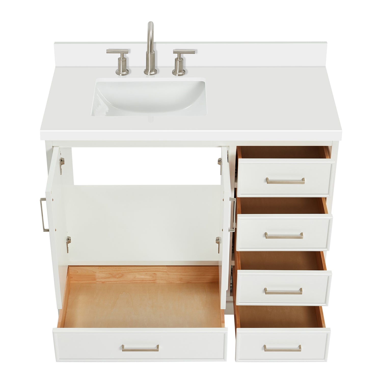 Langford 42-inch White bathroom vanity on white back ground front view open door