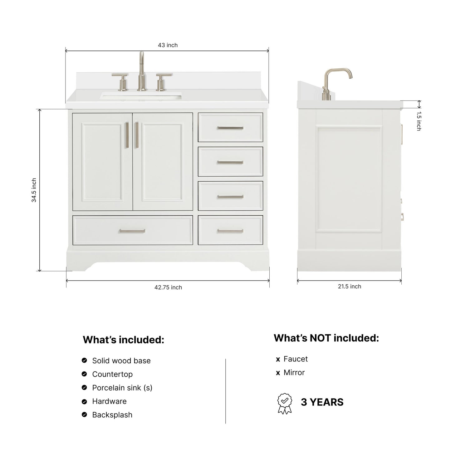 Langford 42-inch White bathroom vanity on dimensions