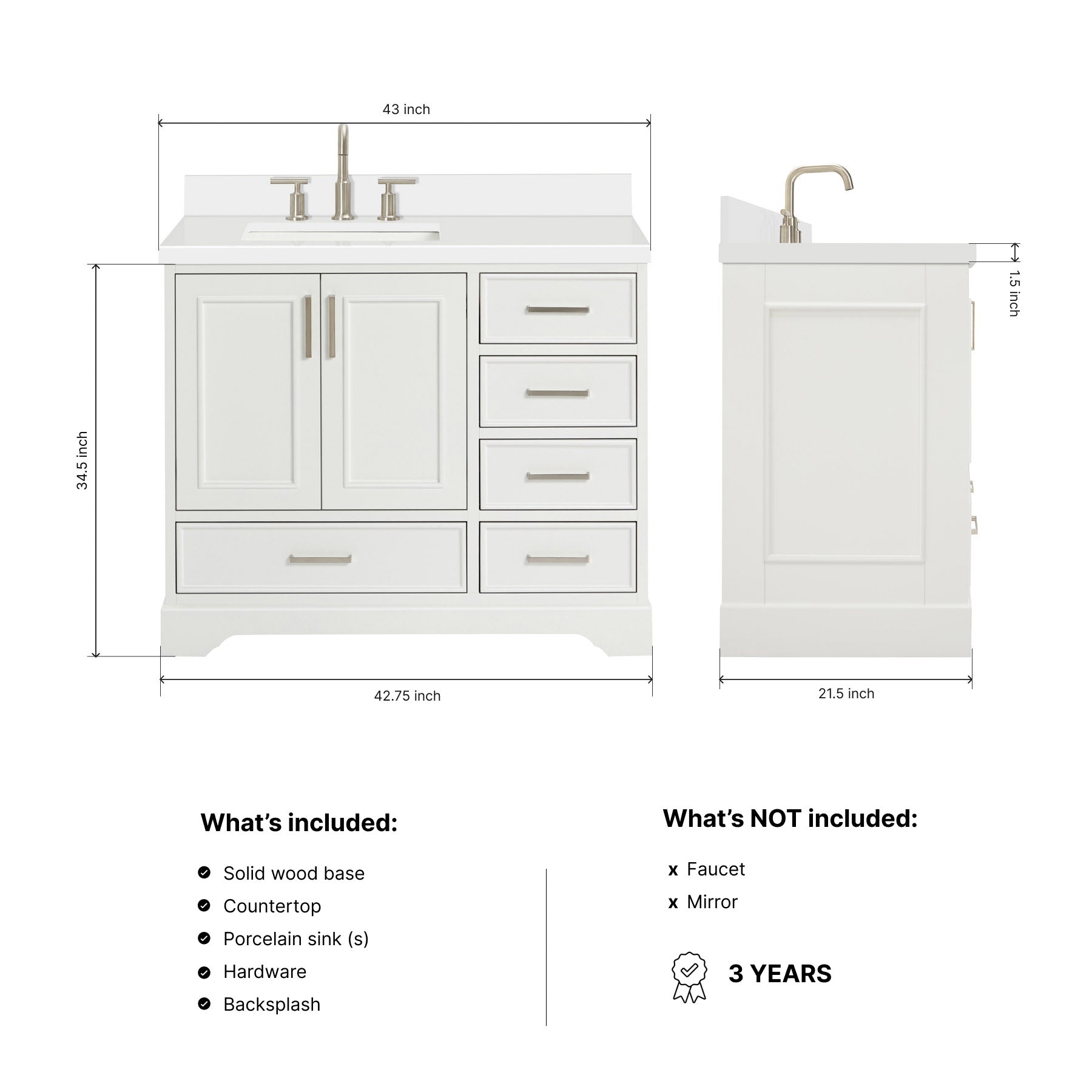 Langford 42-inch White bathroom vanity on dimensions