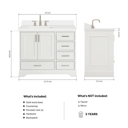 Langford 42-inch White bathroom vanity on dimensions