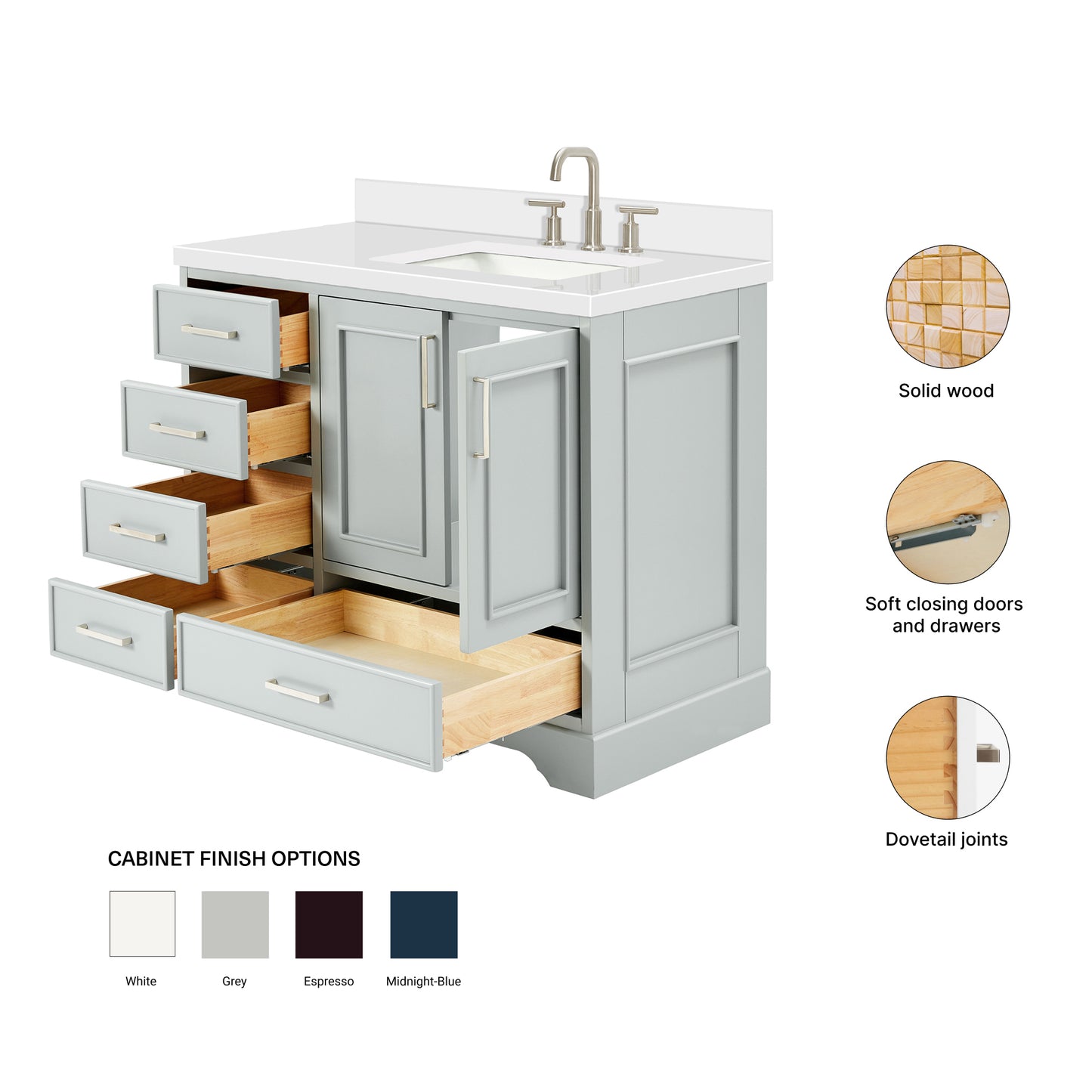 Langford 42-inch Grey bathroom vanity on feature highlights: solid wood frame, soft-close doors and drawers, Sherwin-Williams paint finish