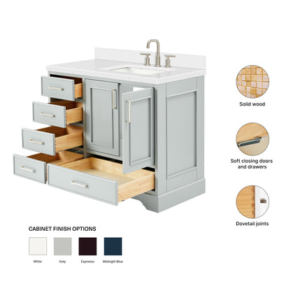 Langford 42-inch Grey bathroom vanity on feature highlights: solid wood frame, soft-close doors and drawers, Sherwin-Williams paint finish