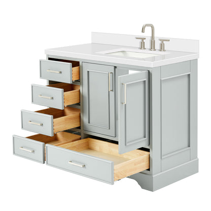 Langford 42-inch Grey bathroom vanity on white back ground side view open door