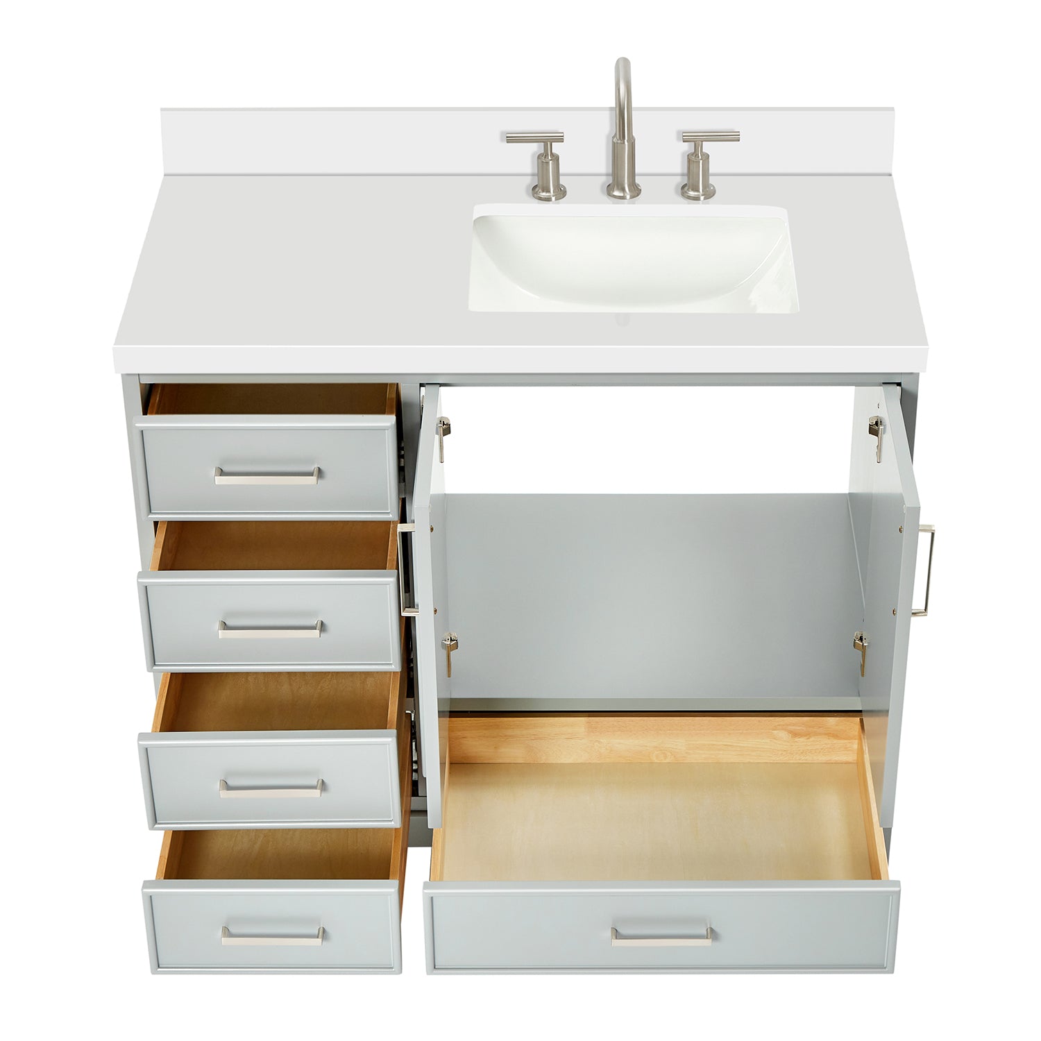Langford 42-inch Grey bathroom vanity on white back ground front view open door