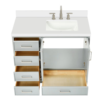 Langford 42-inch Grey bathroom vanity on white back ground front view open door