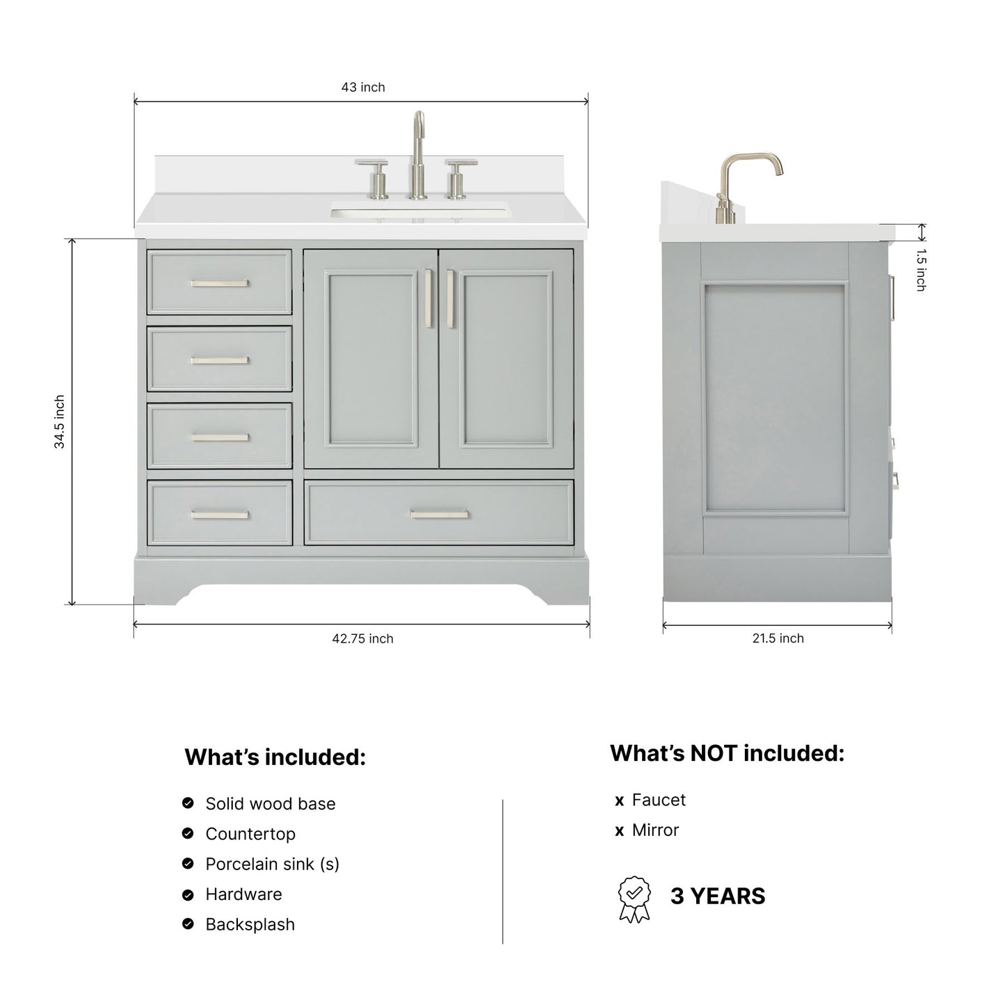 Langford 42-inch Grey bathroom vanity on dimensions