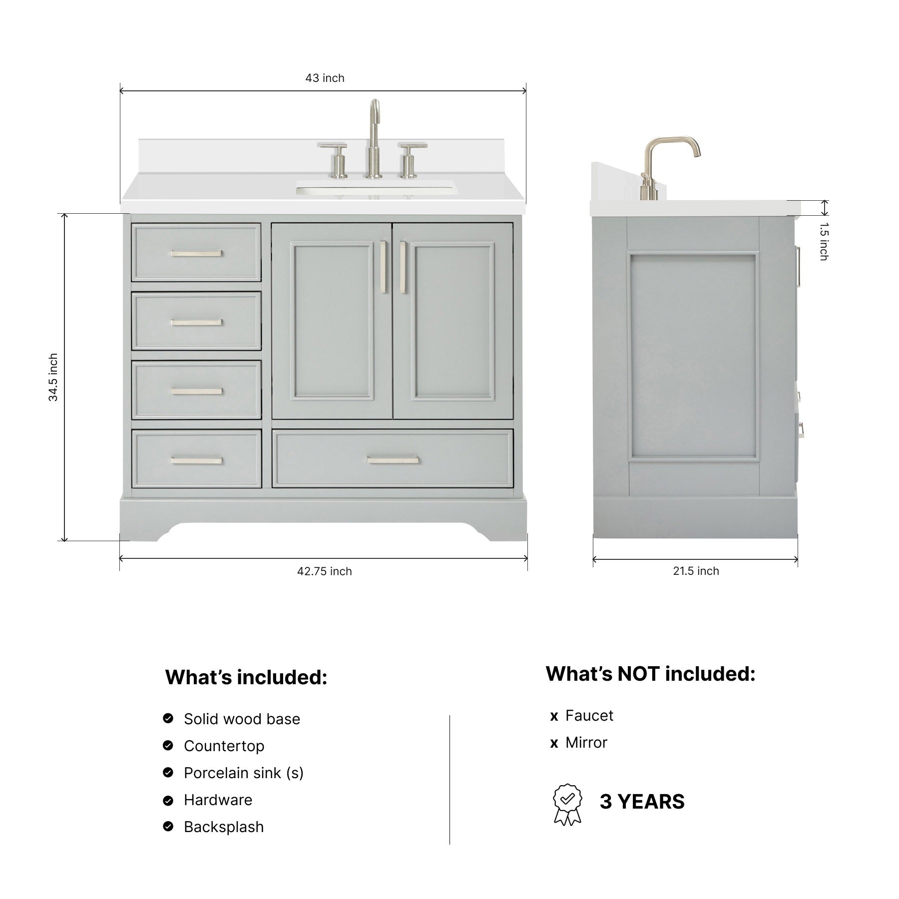 Langford 42-inch Grey bathroom vanity on dimensions