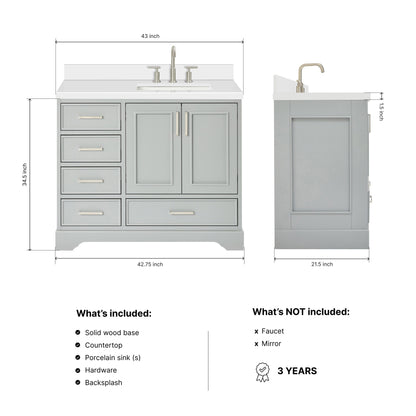 Langford 42-inch Grey bathroom vanity on dimensions