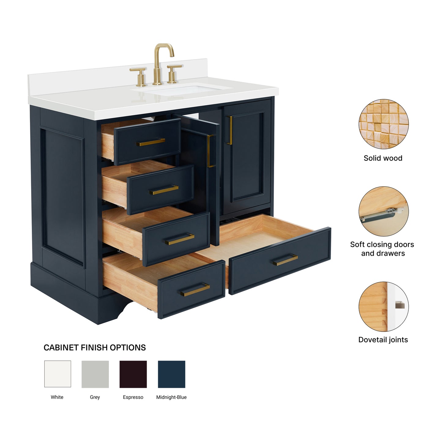 Langford 42-inch Midnight Blue bathroom vanity on feature highlights: solid wood frame, soft-close doors and drawers, Sherwin-Williams paint finish