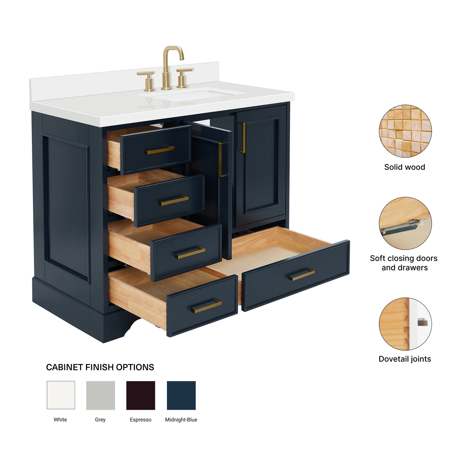 Langford 42-inch Midnight Blue bathroom vanity on feature highlights: solid wood frame, soft-close doors and drawers, Sherwin-Williams paint finish