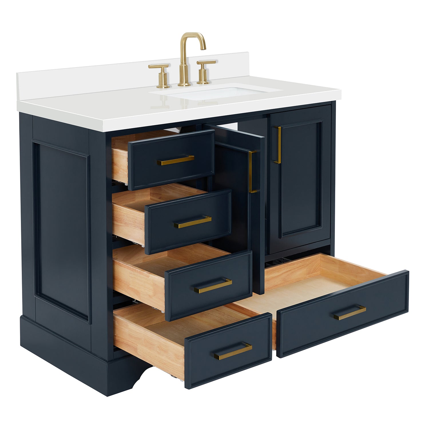 Langford 42-inch Midnight Blue bathroom vanity on white back ground side view open door