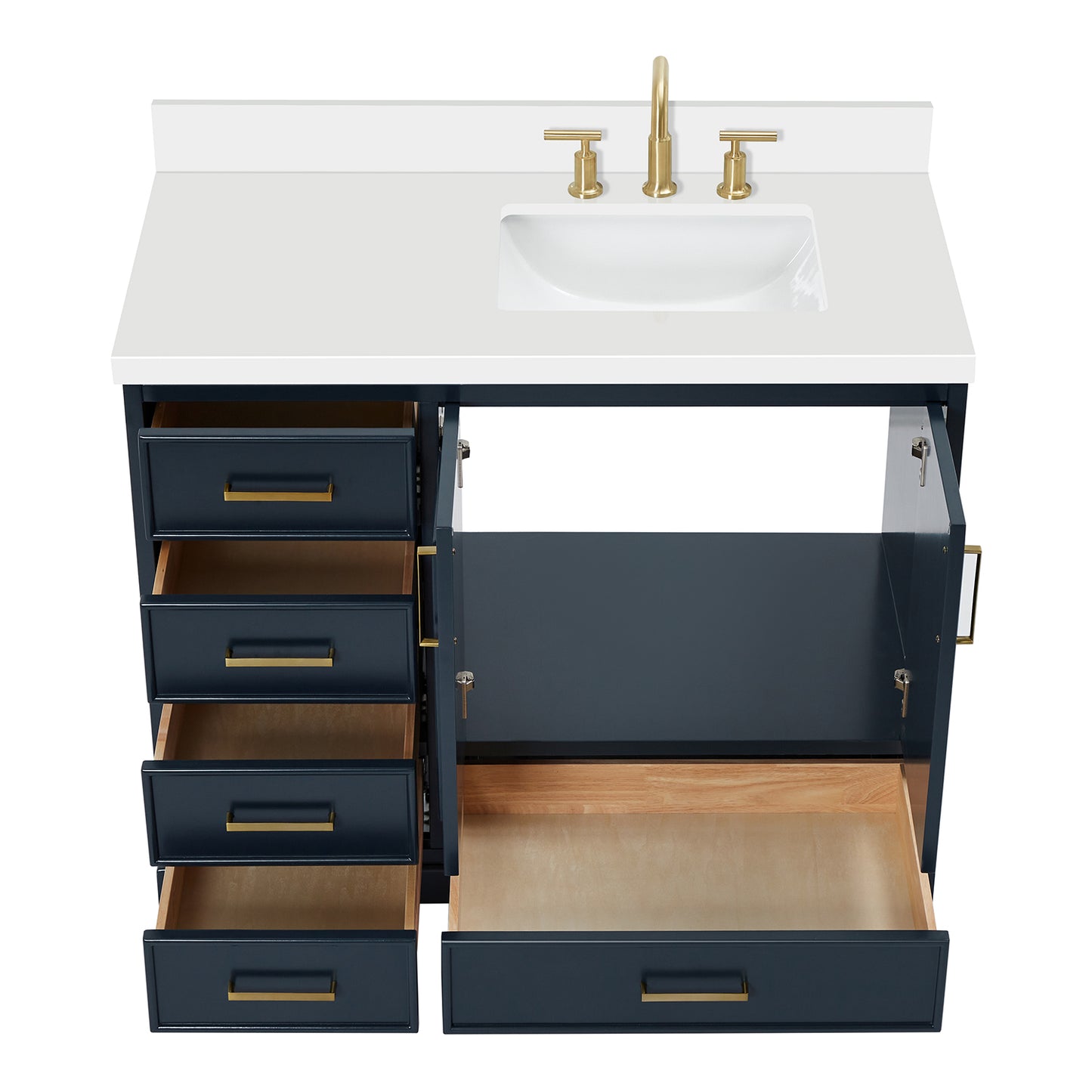 Langford 42-inch Midnight Blue bathroom vanity on white back ground front view open door
