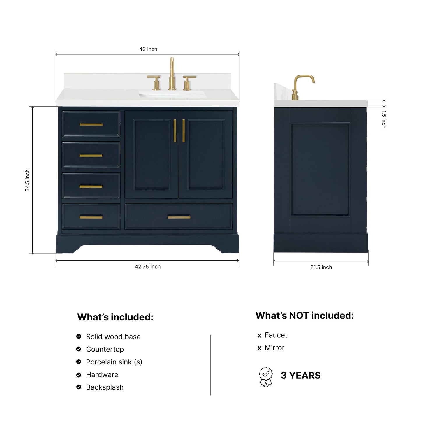 Langford 42-inch Midnight Blue bathroom vanity on dimensions