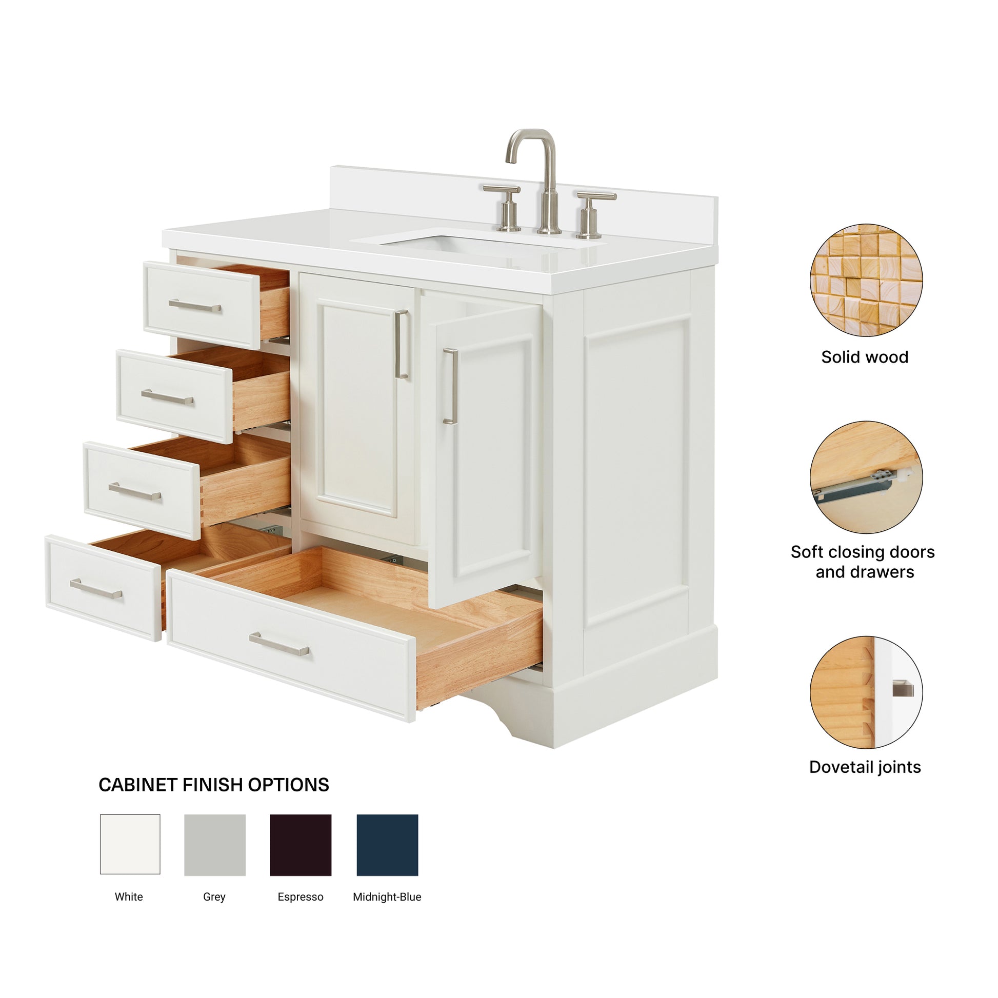 Langford 42-inch White bathroom vanity on feature highlights: solid wood frame, soft-close doors and drawers, Sherwin-Williams paint finish