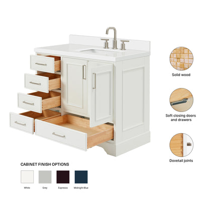 Langford 42-inch White bathroom vanity on feature highlights: solid wood frame, soft-close doors and drawers, Sherwin-Williams paint finish