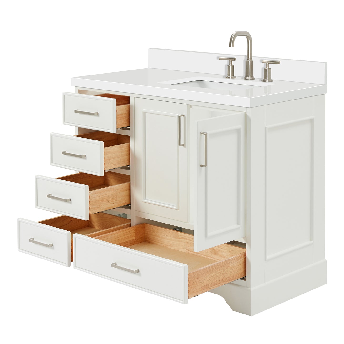 Langford 42-inch White bathroom vanity on white back ground side view open door