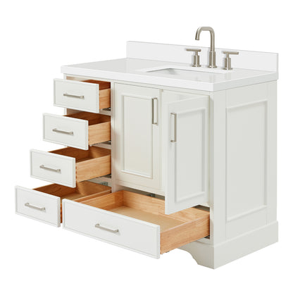 Langford 42-inch White bathroom vanity on white back ground side view open door