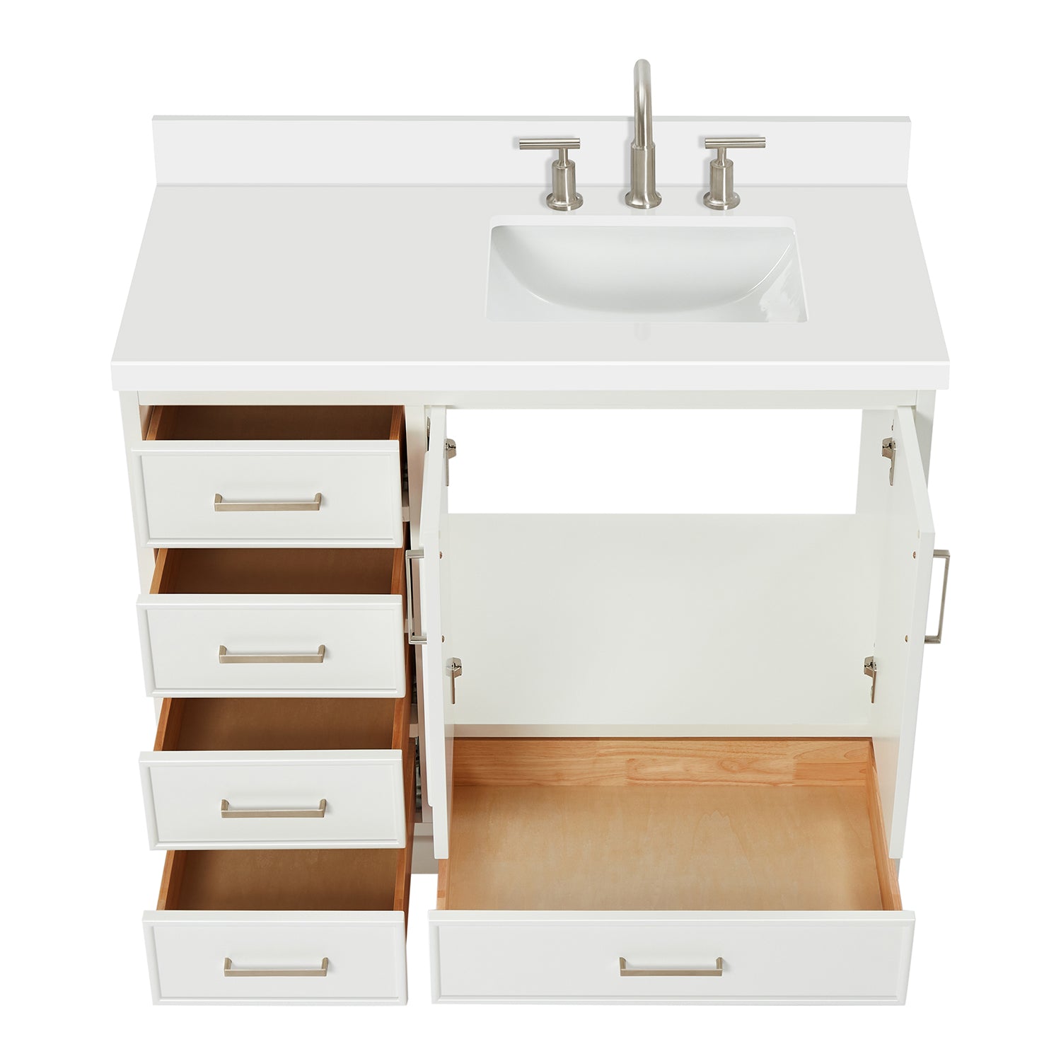 Langford 42-inch White bathroom vanity on white back ground front view open door