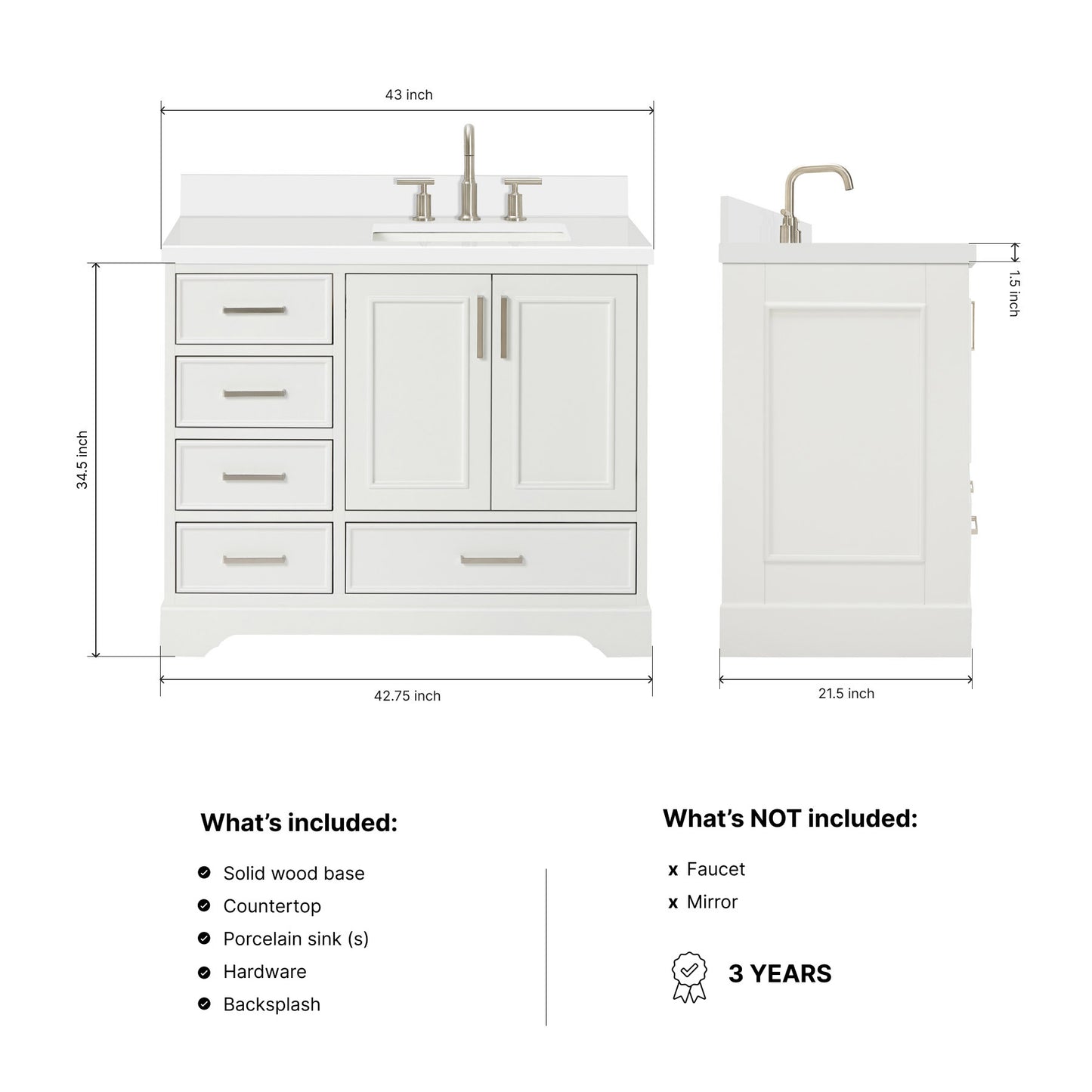 Langford 42-inch White bathroom vanity on dimensions