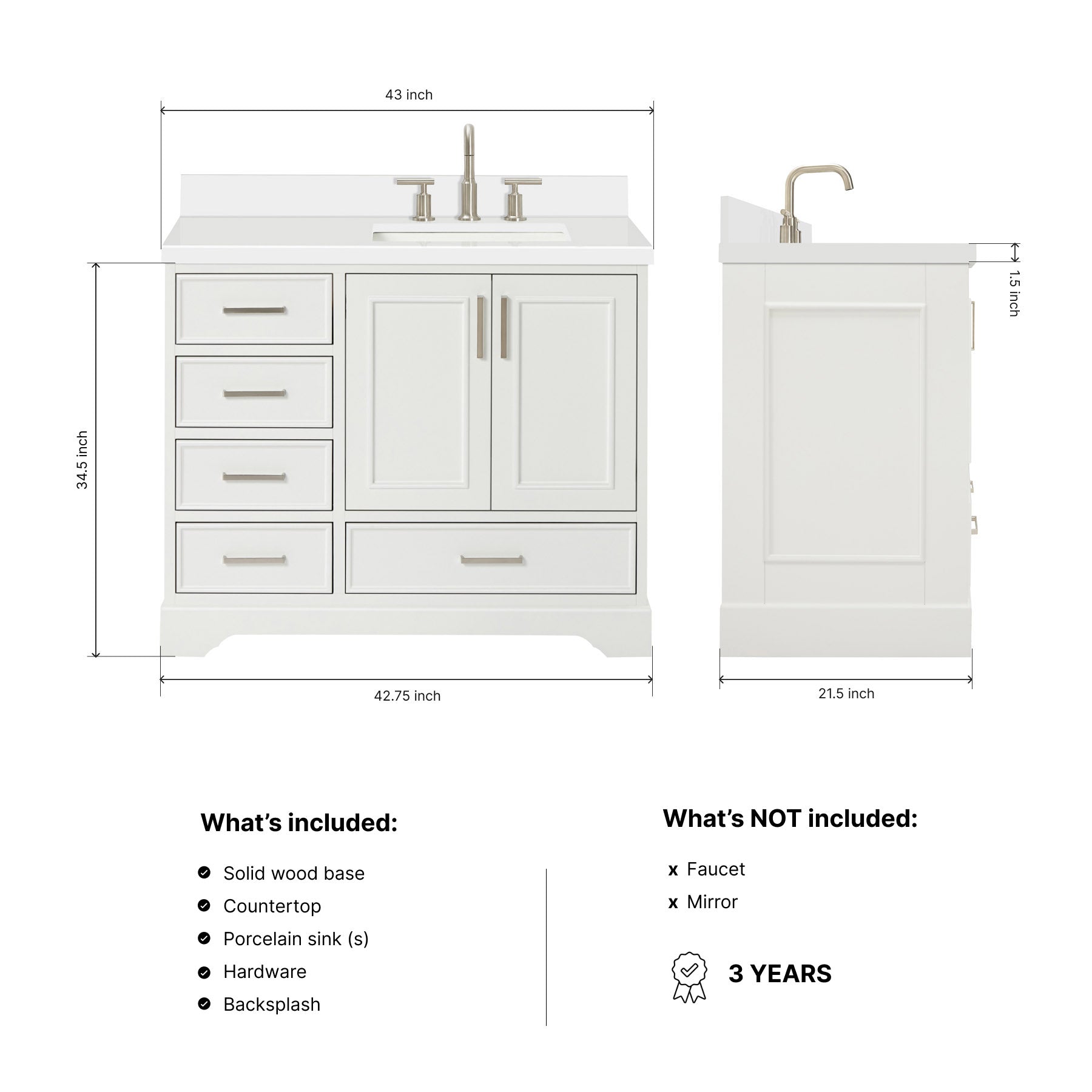 Langford 42-inch White bathroom vanity on dimensions