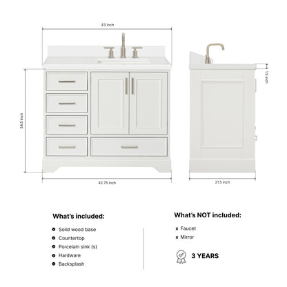 Langford 42-inch White bathroom vanity on dimensions