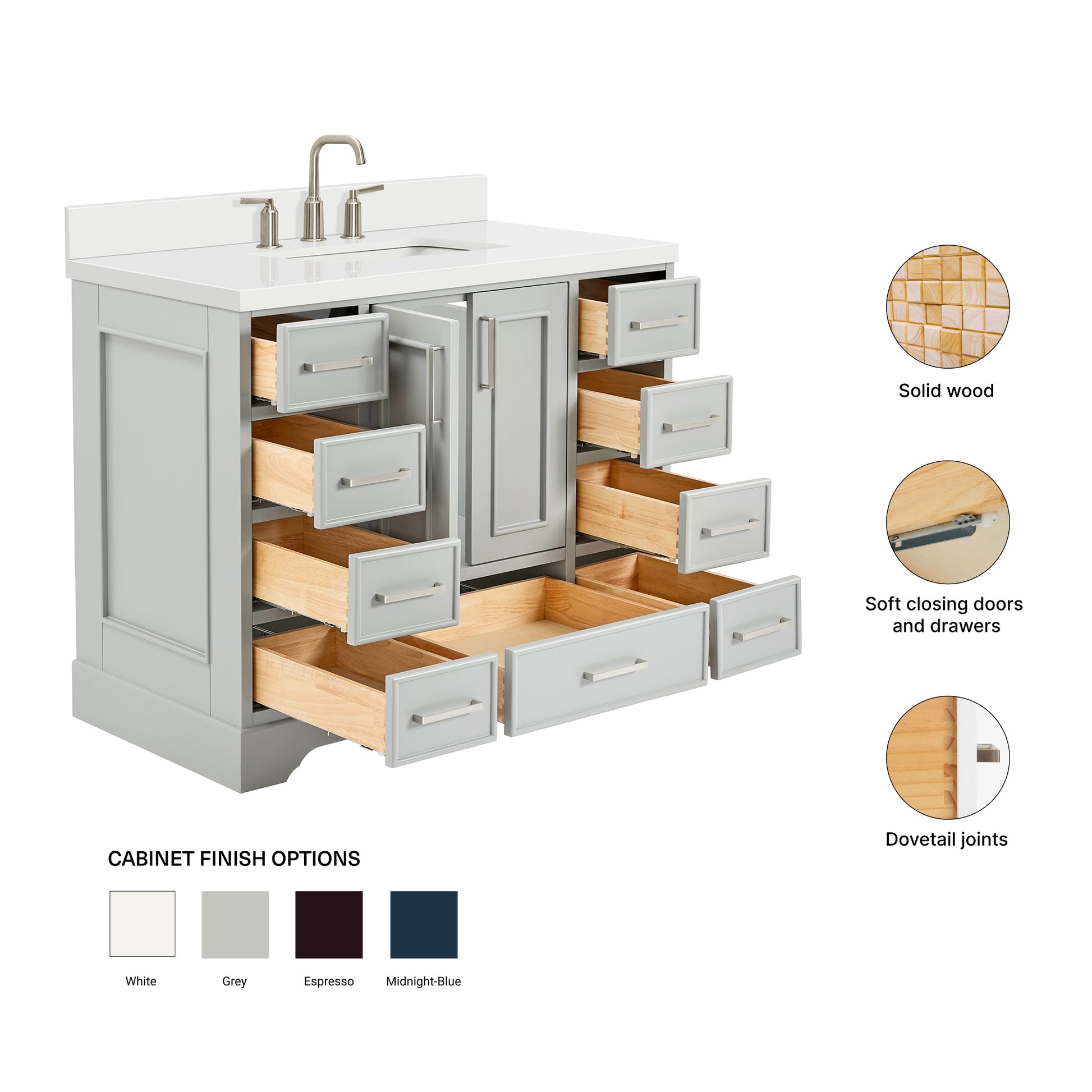 Langford 42-inch Grey bathroom vanity on feature highlights: solid wood frame, soft-close doors and drawers, Sherwin-Williams paint finish