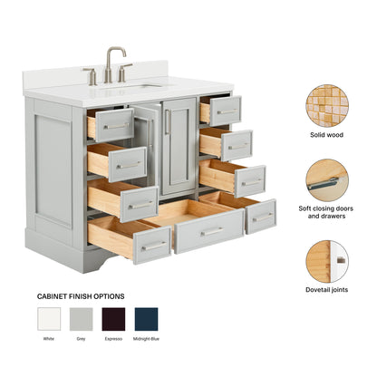 Langford 42-inch Grey bathroom vanity on feature highlights: solid wood frame, soft-close doors and drawers, Sherwin-Williams paint finish