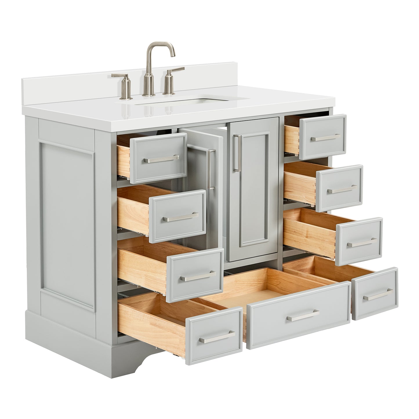 Langford 42-inch Grey bathroom vanity on white back ground side view open door