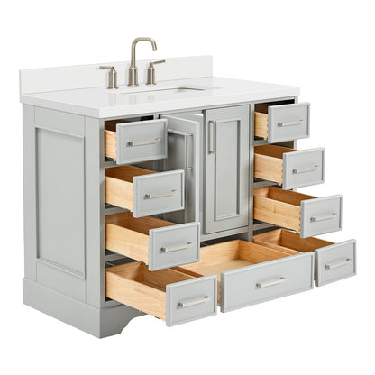 Langford 42-inch Grey bathroom vanity on white back ground side view open door