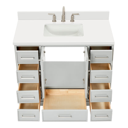 Langford 42-inch Grey bathroom vanity on white back ground front view open door