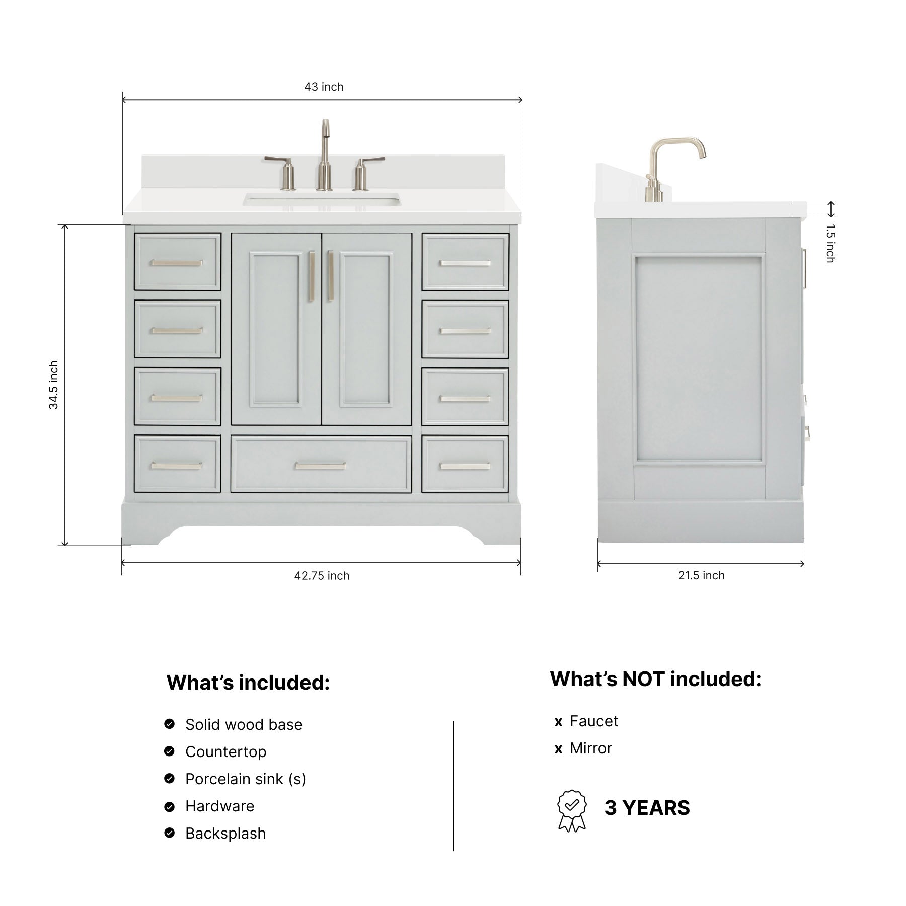 Langford 42-inch Grey bathroom vanity on dimensions